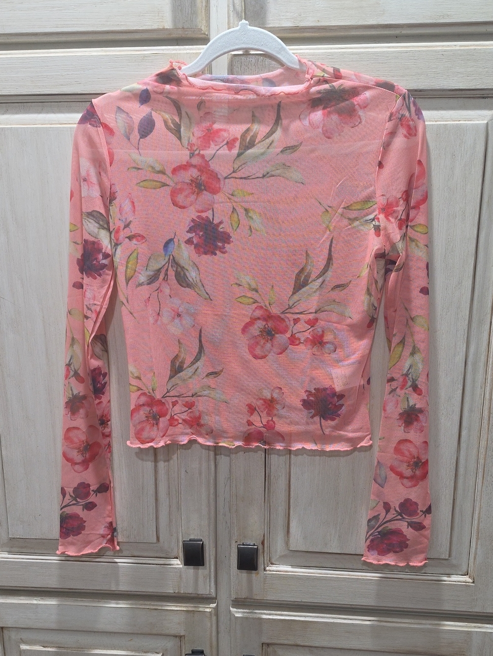 Floral Mesh Long-Sleeve Top - Coral Pink